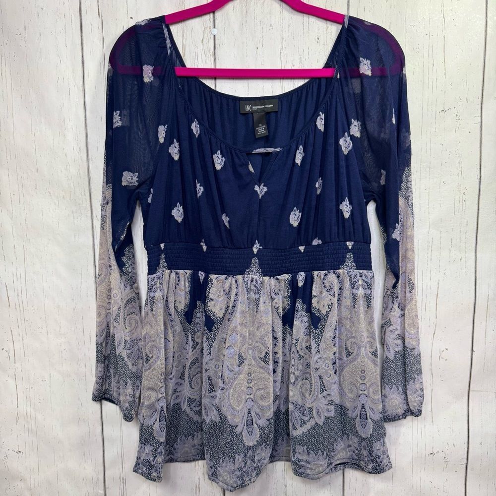 INC International Concepts M Petite Navy Paisley Boho Peasant Top Coastal Spring